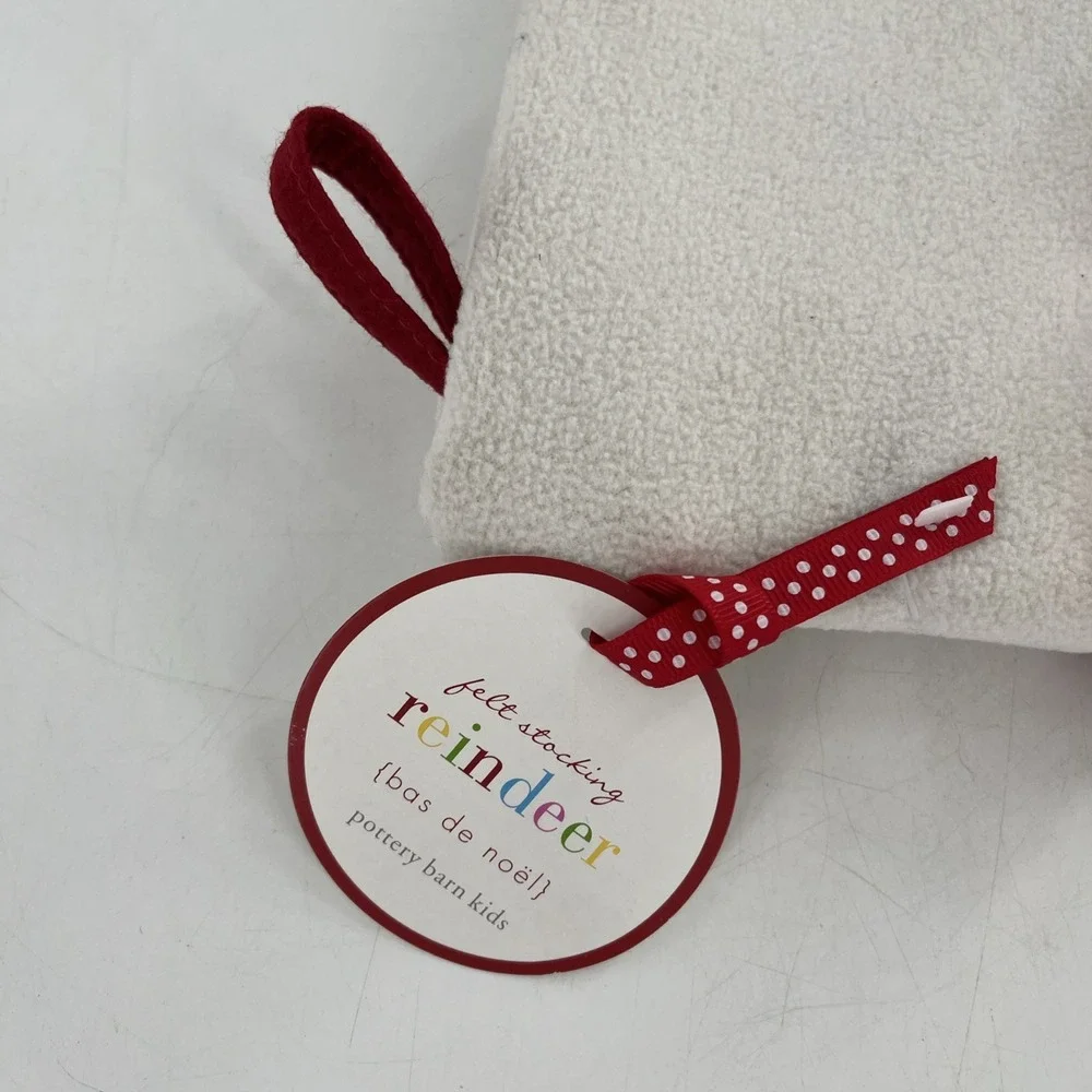 Rare Pottery Barn Felt Christmas Stocking Reindeer Poms Fleece Cuff Stitch, 22